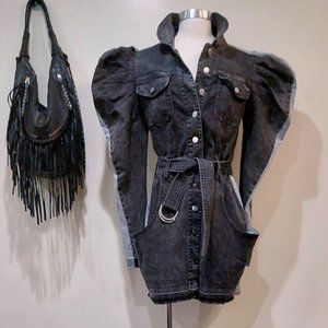 💥KILLER DESIGN💥Vintage 80s Style Avangard Puff Sleeve Color Block Denim Dress